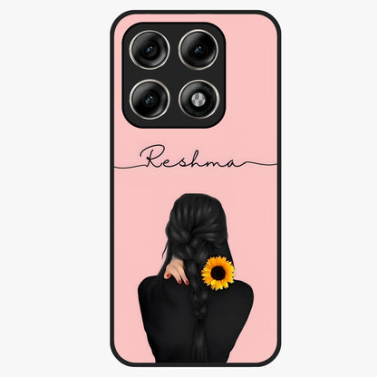 Sunflower Braid Beauty With Custom Name Glass Case showing flat back view with sunflower braid artwork and personalized name design.