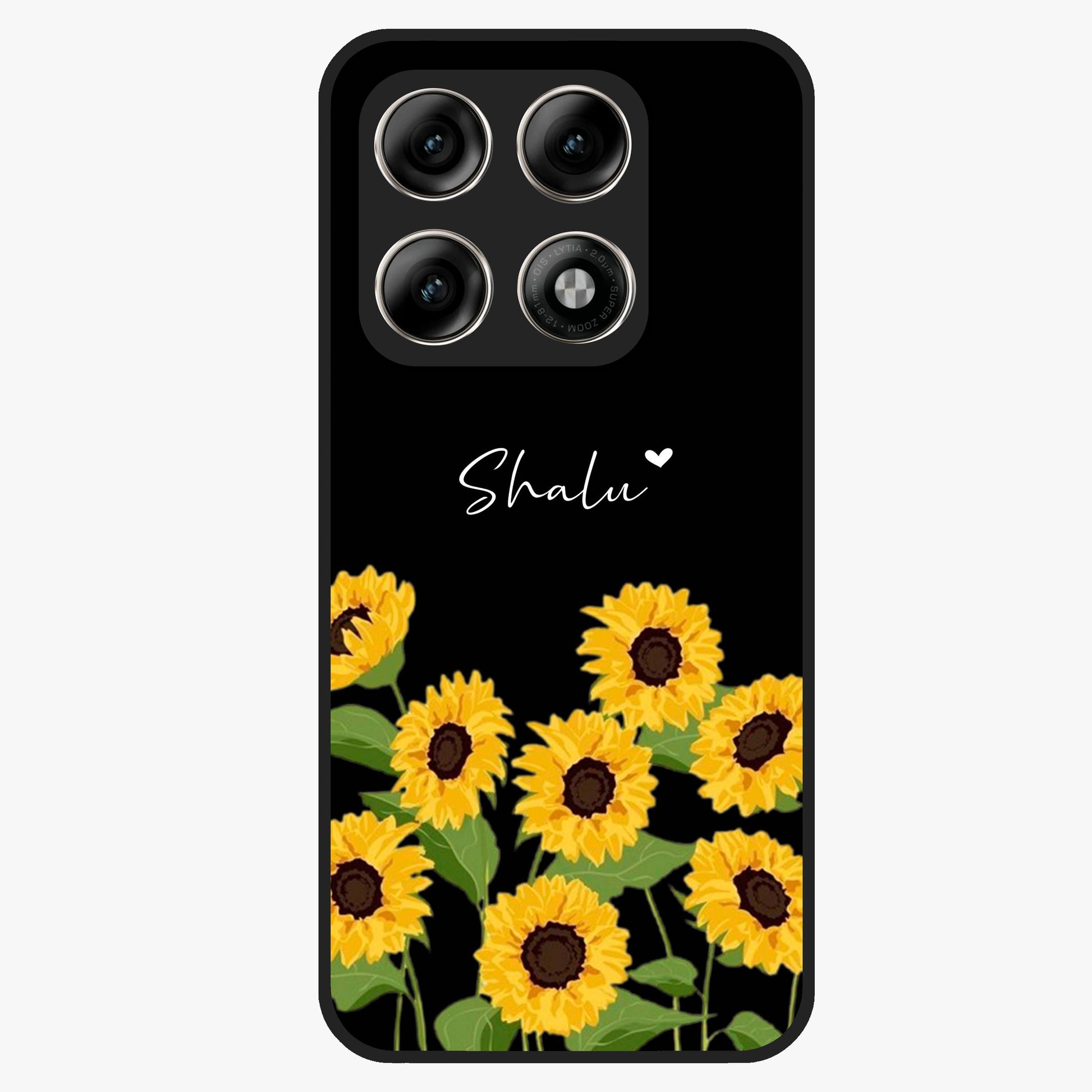 Sunflower Chic Mood Custom Name Glass Case showing flat back view with stylish sunflower artwork and personalized name design.