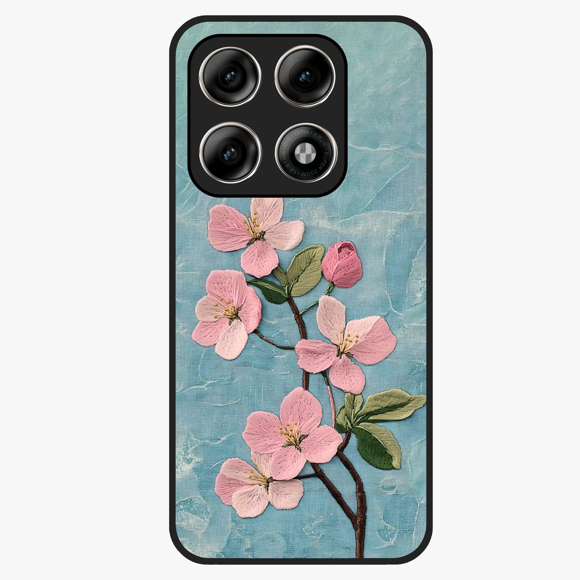 Threaded Blossom Breeze Glass Case showing flat back view with delicate blossom artwork and glossy glass finish.