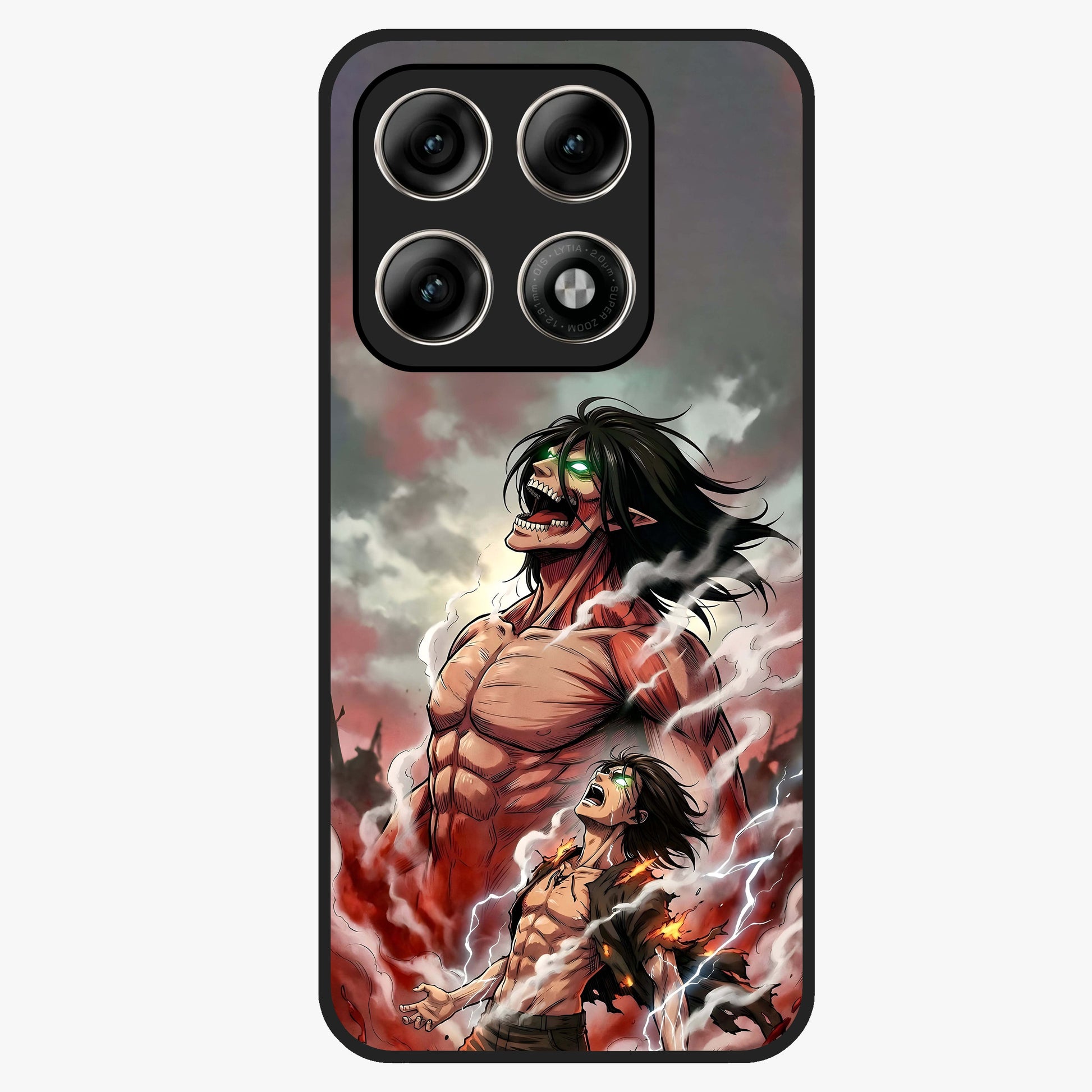 Titan Awakening Fury Glass Case showing flat back view with powerful titan inspired artwork and glossy glass finish.
