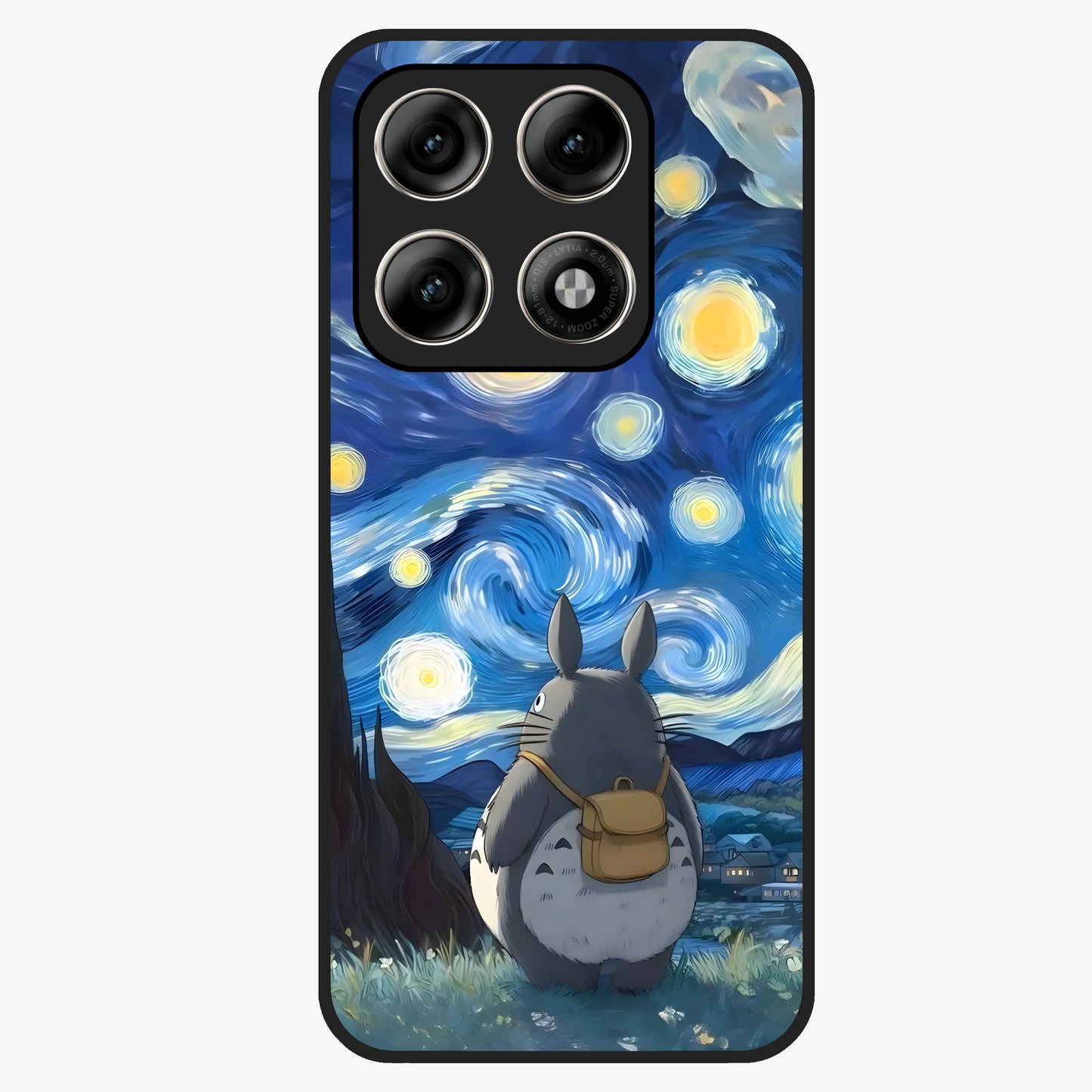 Totoro In Van Gogh Art Glass Case showing flat back view with whimsical character artwork inspired by Van Gogh style and glossy glass finish.