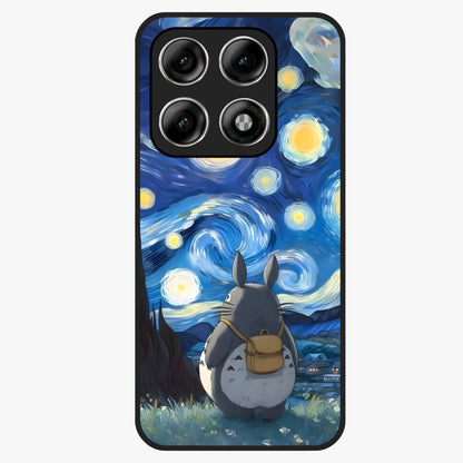 Totoro In Van Gogh Art Glass Case showing flat back view with whimsical character artwork inspired by Van Gogh style and glossy glass finish.