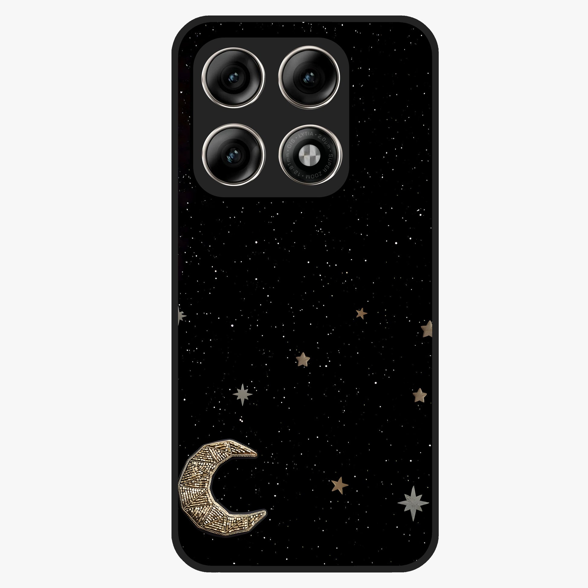 Twinkle Star With Half Moon Glass Case showing flat back view with star and half moon artwork and glossy glass finish.