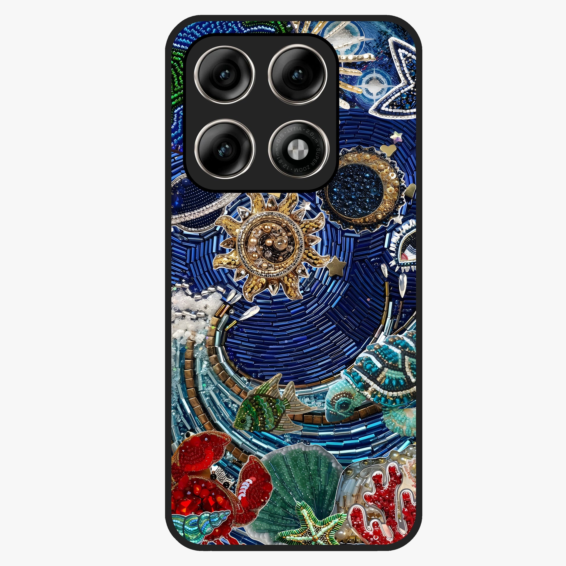 Universe Underwater Spark Glass Case showing flat back view with cosmic underwater themed artwork and glossy glass finish.