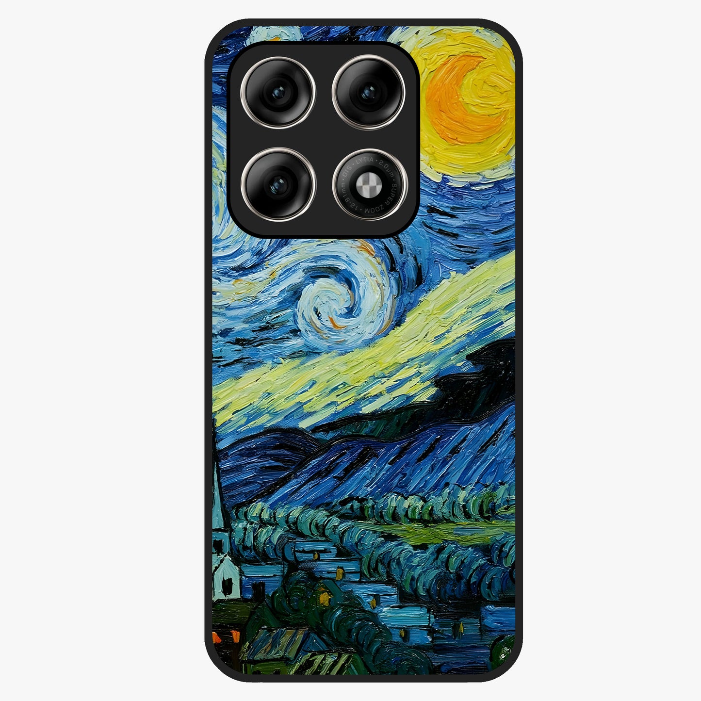 Van Gogh Art Glass Case showing flat back view with classic painterly artwork inspired by Van Gogh style and glossy glass finish.