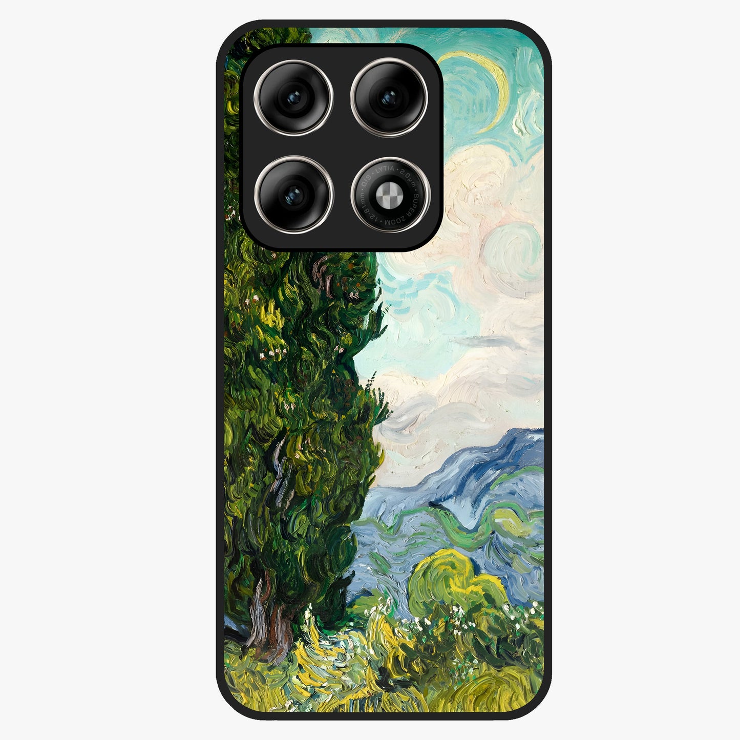 Van Gogh Vintage Art Glass Case showing flat back view with vintage painterly artwork inspired by Van Gogh style and glossy glass finish.