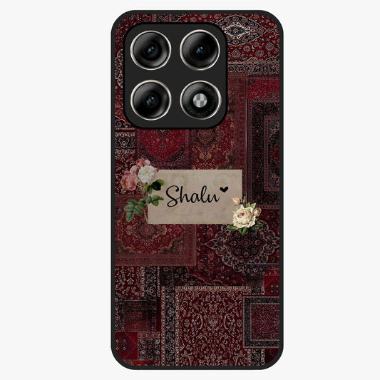 Velvet Wine Pattern Custom Name Glass Case showing flat back view with elegant wine colored pattern artwork and personalized name design.