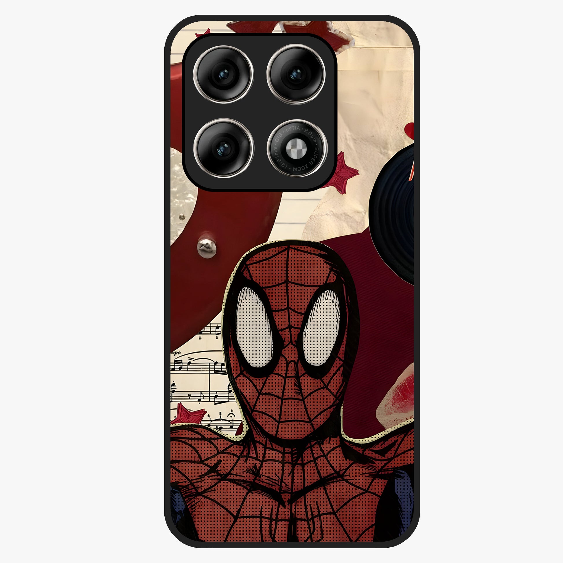 Web Warrior Vibes Glass Case showing flat back view with superhero inspired web themed artwork and glossy glass finish.