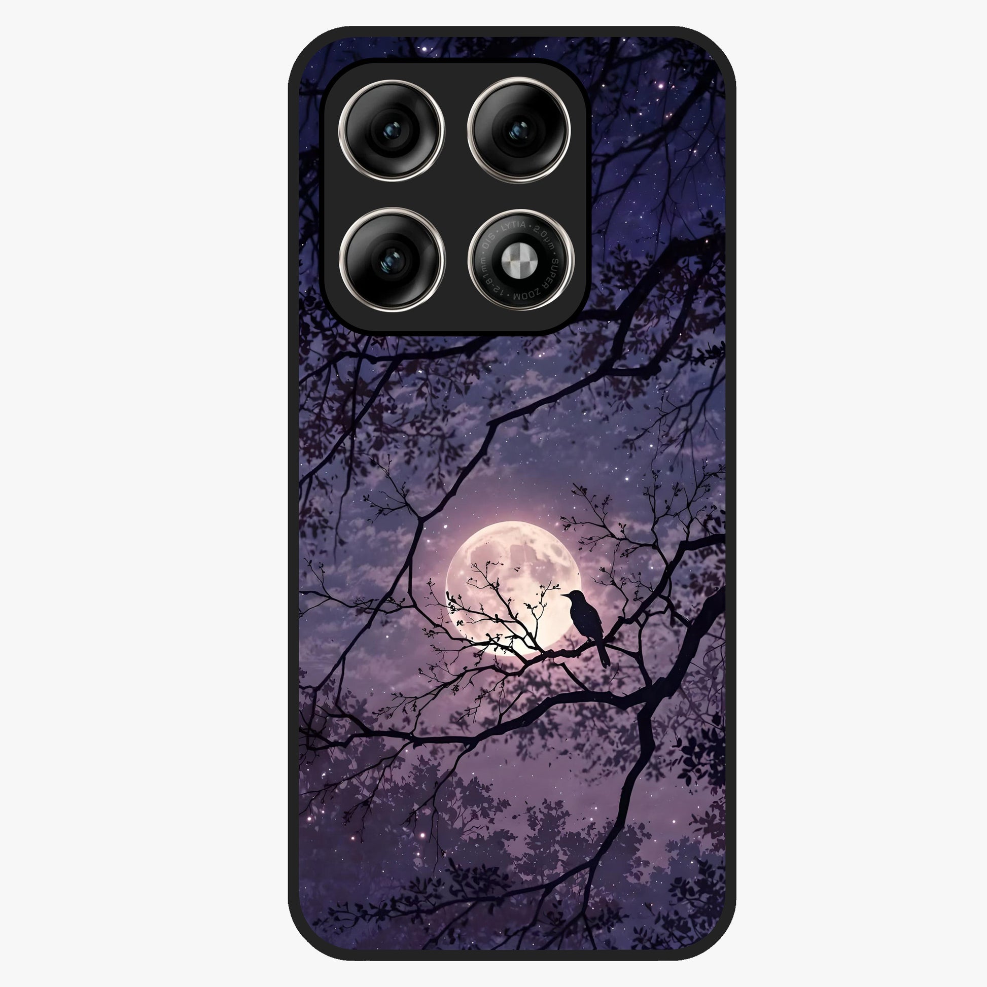 Whispering Moon Silence Glass Case showing flat back view with serene moon themed artwork and glossy glass finish.