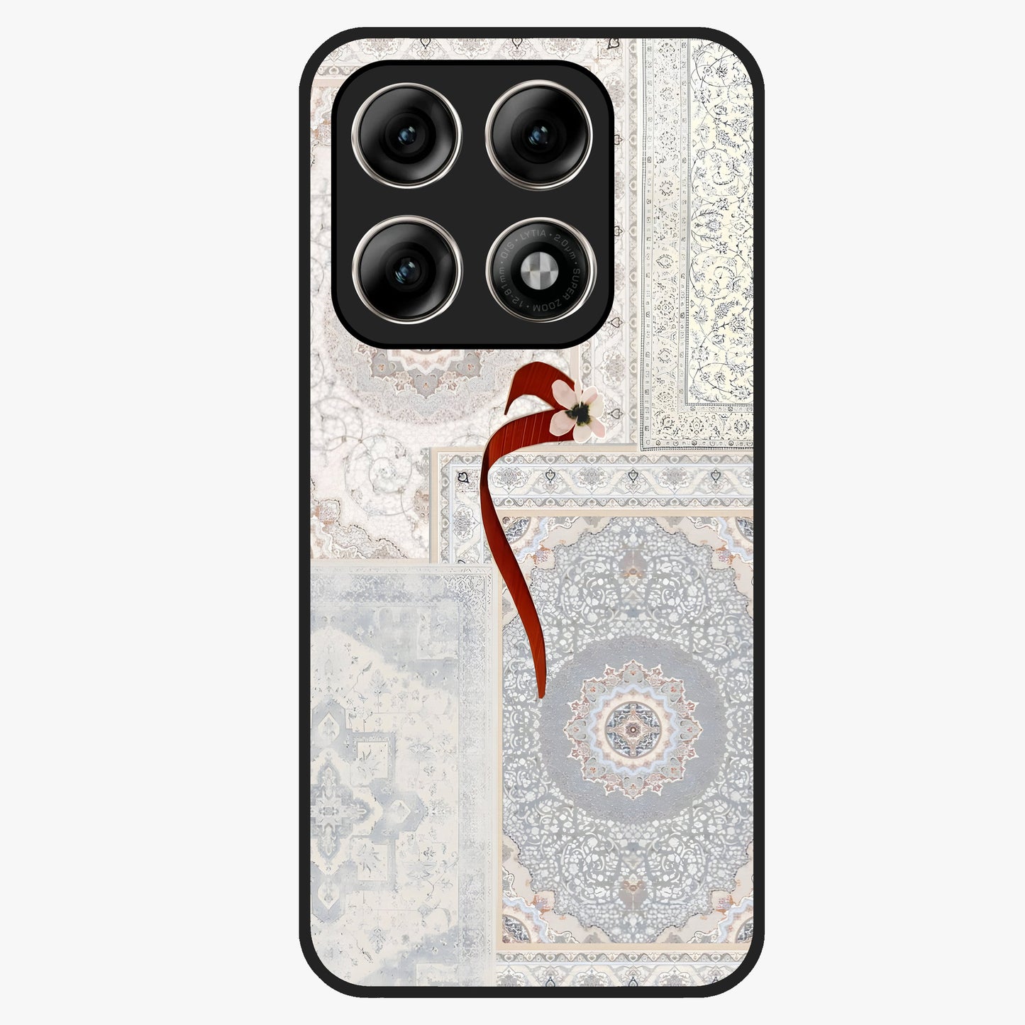 White Aesthetic Bow Glass Case showing flat back view with minimal bow artwork and glossy glass finish.