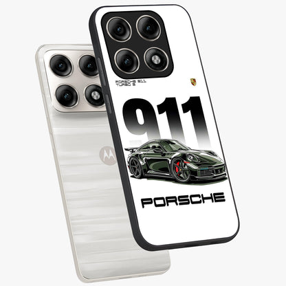911 Turbo Dominance Glass Case displayed in premium angled mockup highlighting sporty car illustration and sleek glass surface.