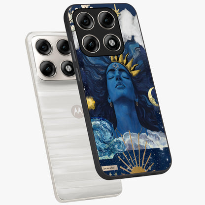 Aesthetic Lord Shiva Glass Case displayed in angled mockup highlighting spiritual Shiva illustration and sacred aesthetic design.