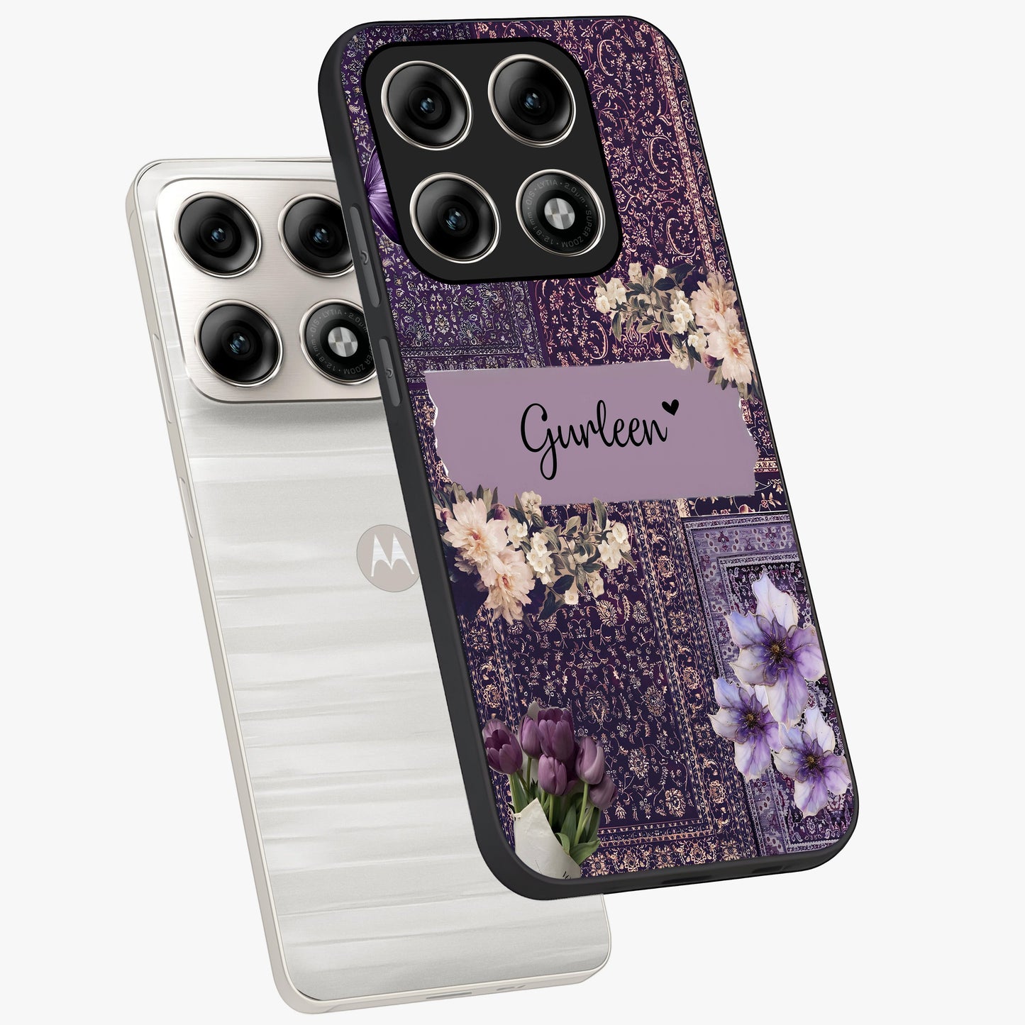 Antique Floral Whisper Custom Name Glass Case displayed in angled mockup highlighting elegant antique floral aesthetic.