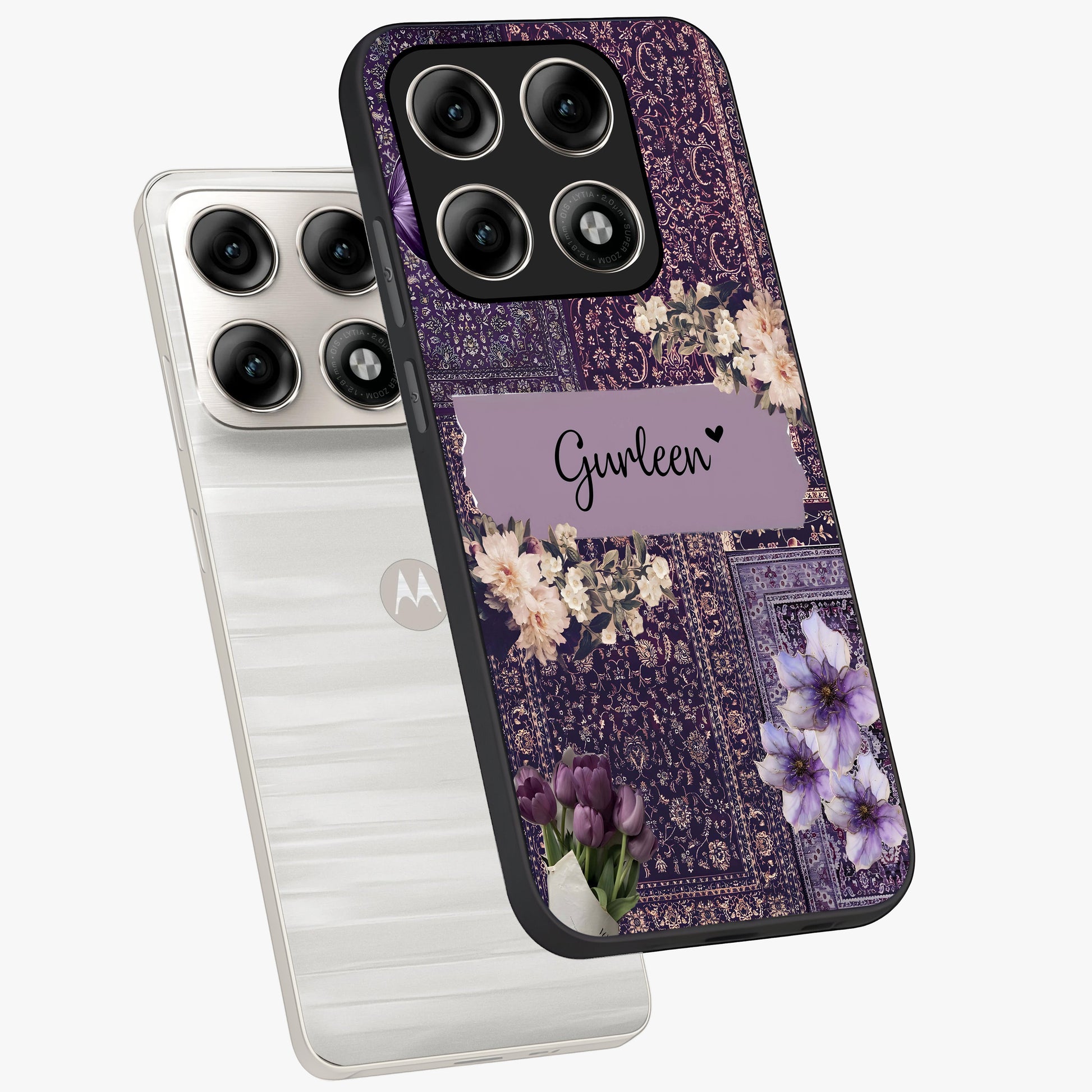 Antique Floral Whisper Custom Name Glass Case displayed in angled mockup highlighting elegant antique floral aesthetic.
