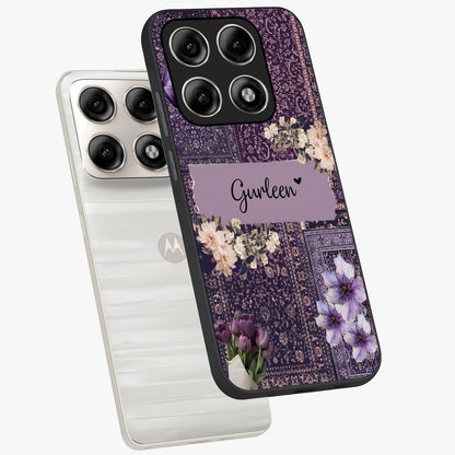 Antique Floral Whisper Custom Name Glass Case displayed in angled mockup highlighting elegant antique floral aesthetic.