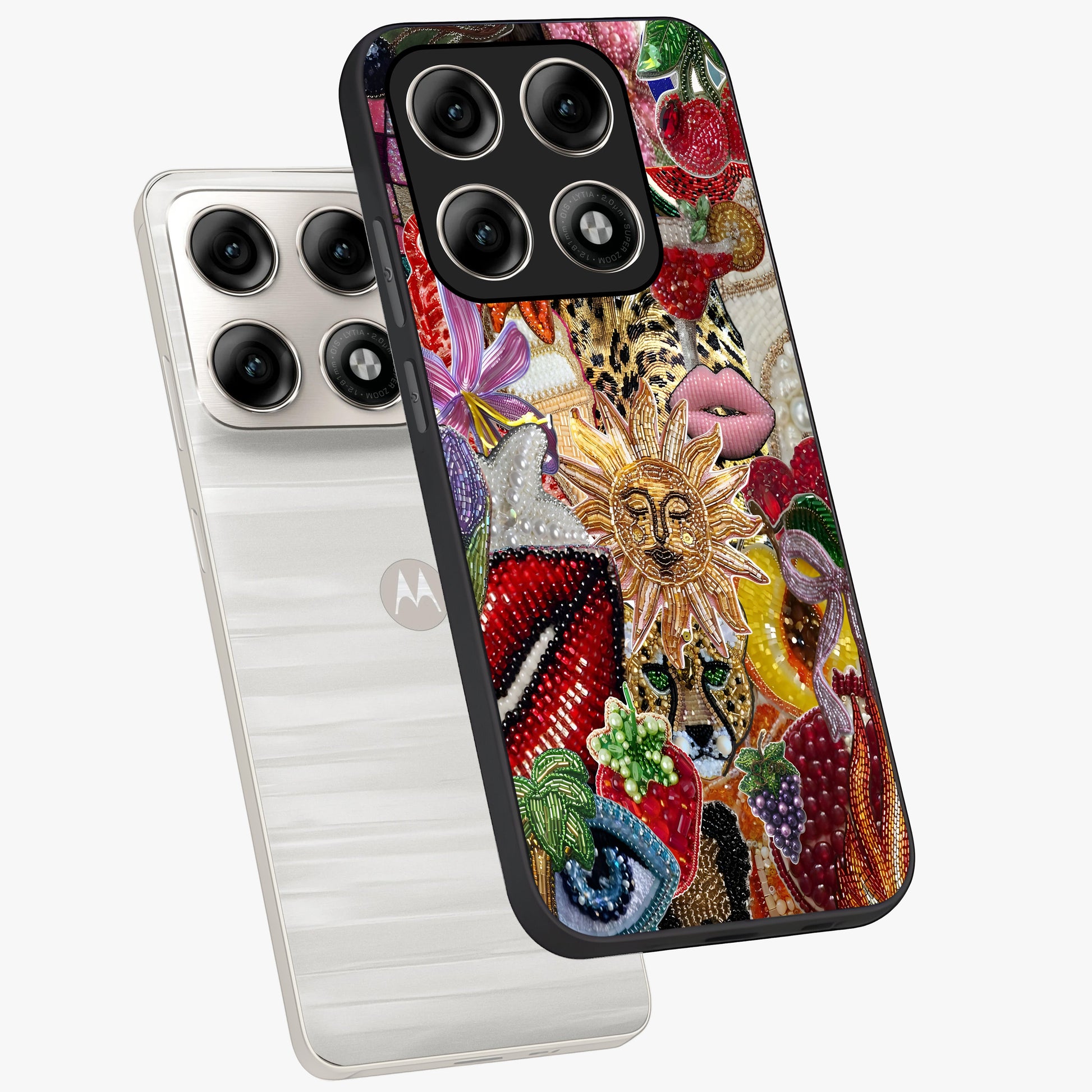 Beaded Fashion Jungle Glass Case displayed in angled mockup highlighting colorful fashion bead design and artistic pattern.