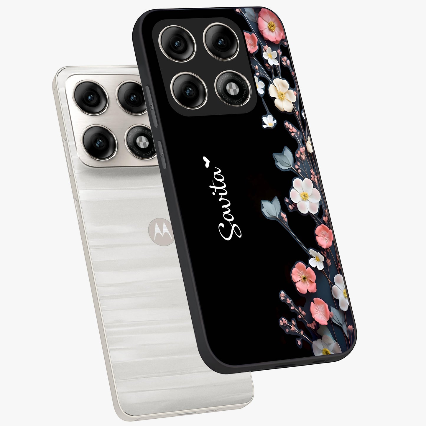 Black Elegance Floral Custom Name Glass Case displayed in angled mockup highlighting dark floral aesthetic and custom name feature.