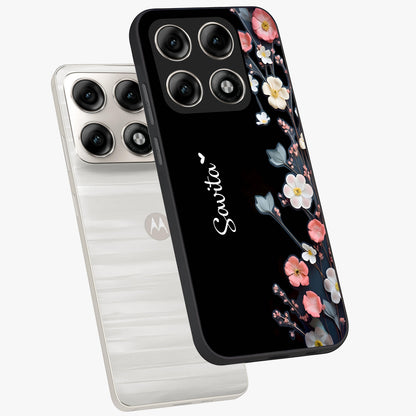 Black Elegance Floral Custom Name Glass Case displayed in angled mockup highlighting dark floral aesthetic and custom name feature.