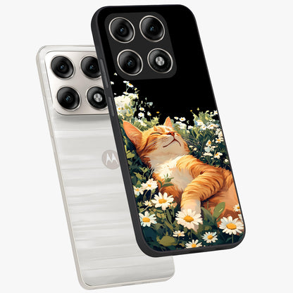 Blissful Bloom Cat Glass Case displayed in angled mockup highlighting playful feline illustration with soft floral aesthetic.
