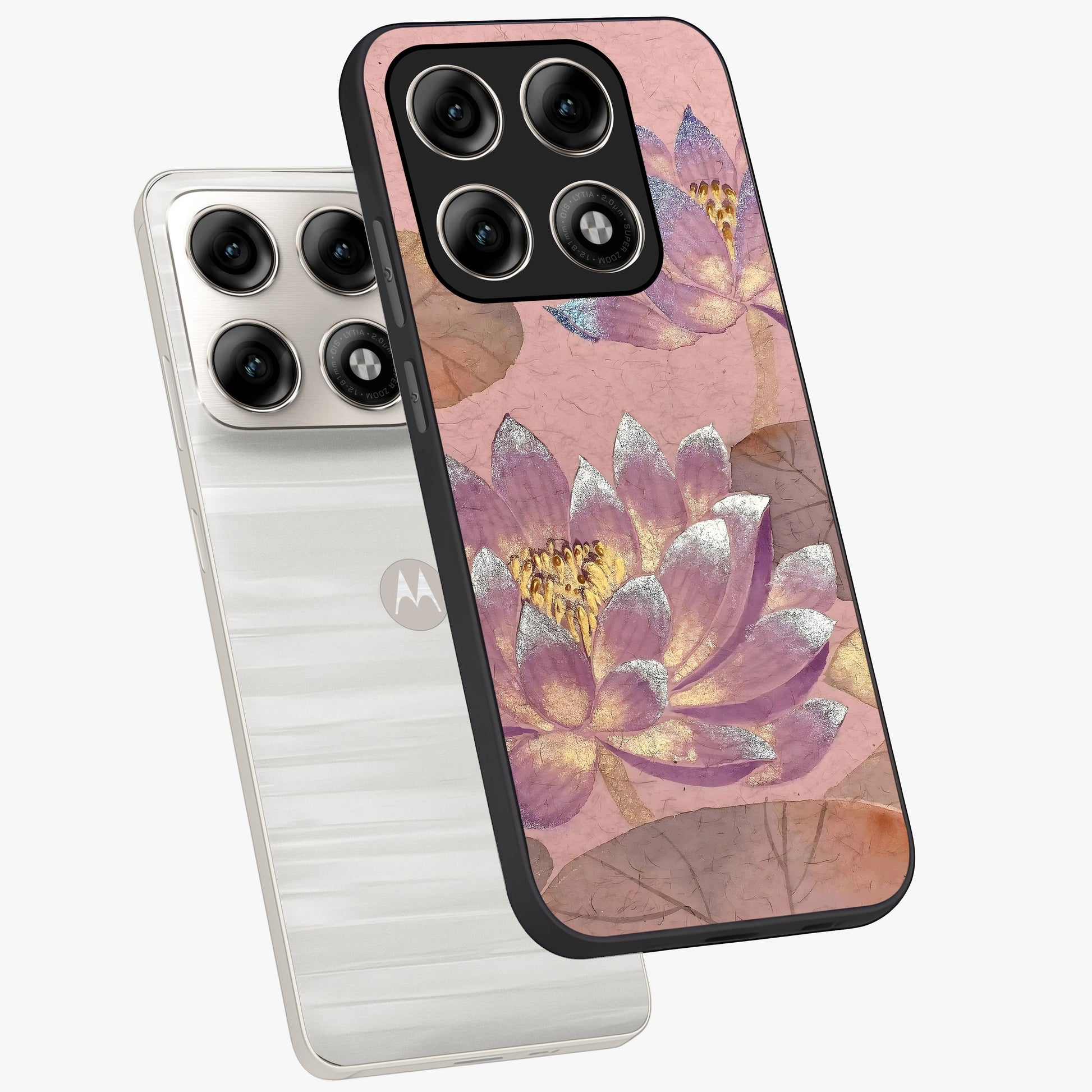 Blossom Mist Lotus Glass Case displayed in angled mockup highlighting delicate lotus illustration with calm aesthetic theme.