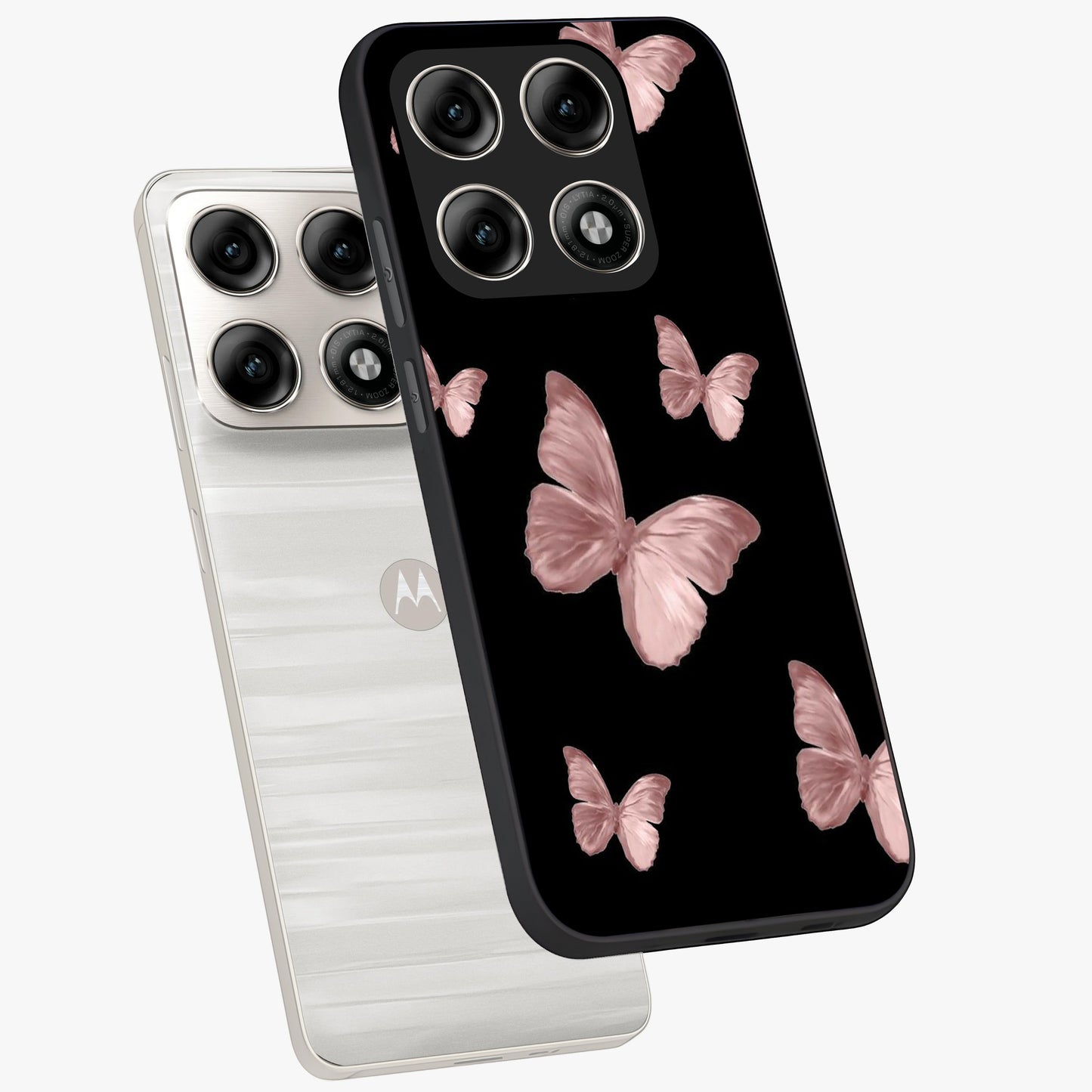 Butterfly Pattern Glass Case displayed in angled mockup highlighting delicate butterfly design and aesthetic pattern style.