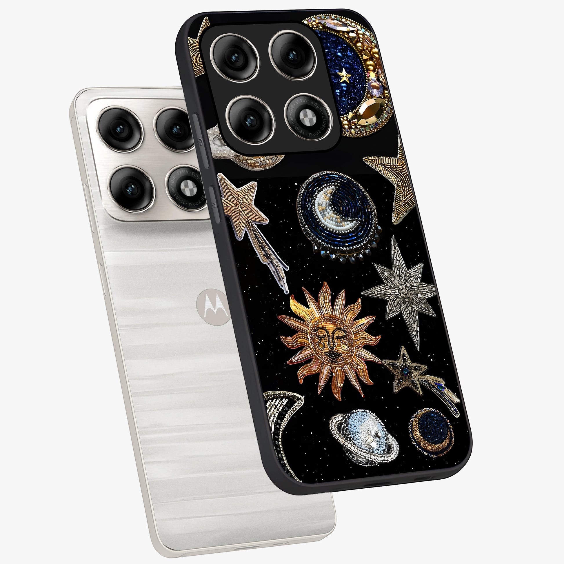 Celestial Gem Constellations Glass Case displayed in angled mockup highlighting gemstone inspired constellation design.