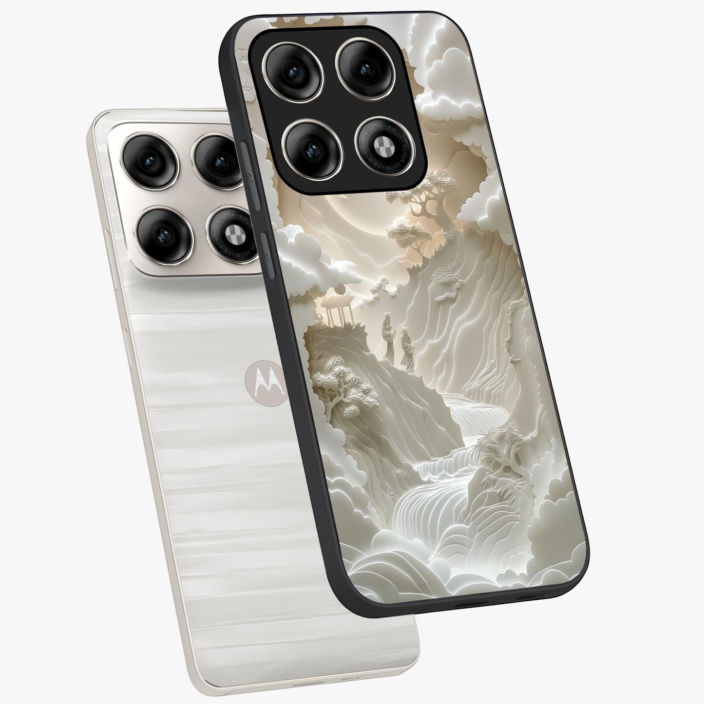 Celestial Origami Glass Case displayed in angled mockup highlighting geometric origami design with cosmic aesthetic theme.