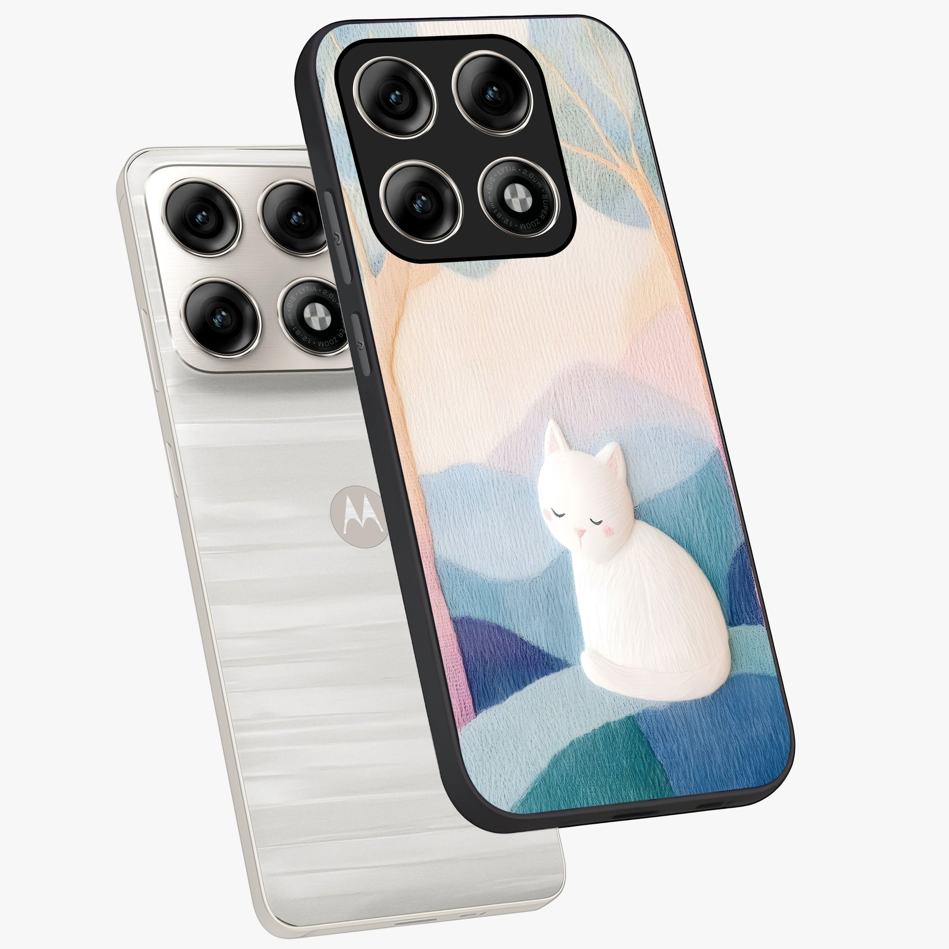 Cotton Dream Cat Glass Case displayed in angled mockup highlighting cute feline illustration with pastel aesthetic style.