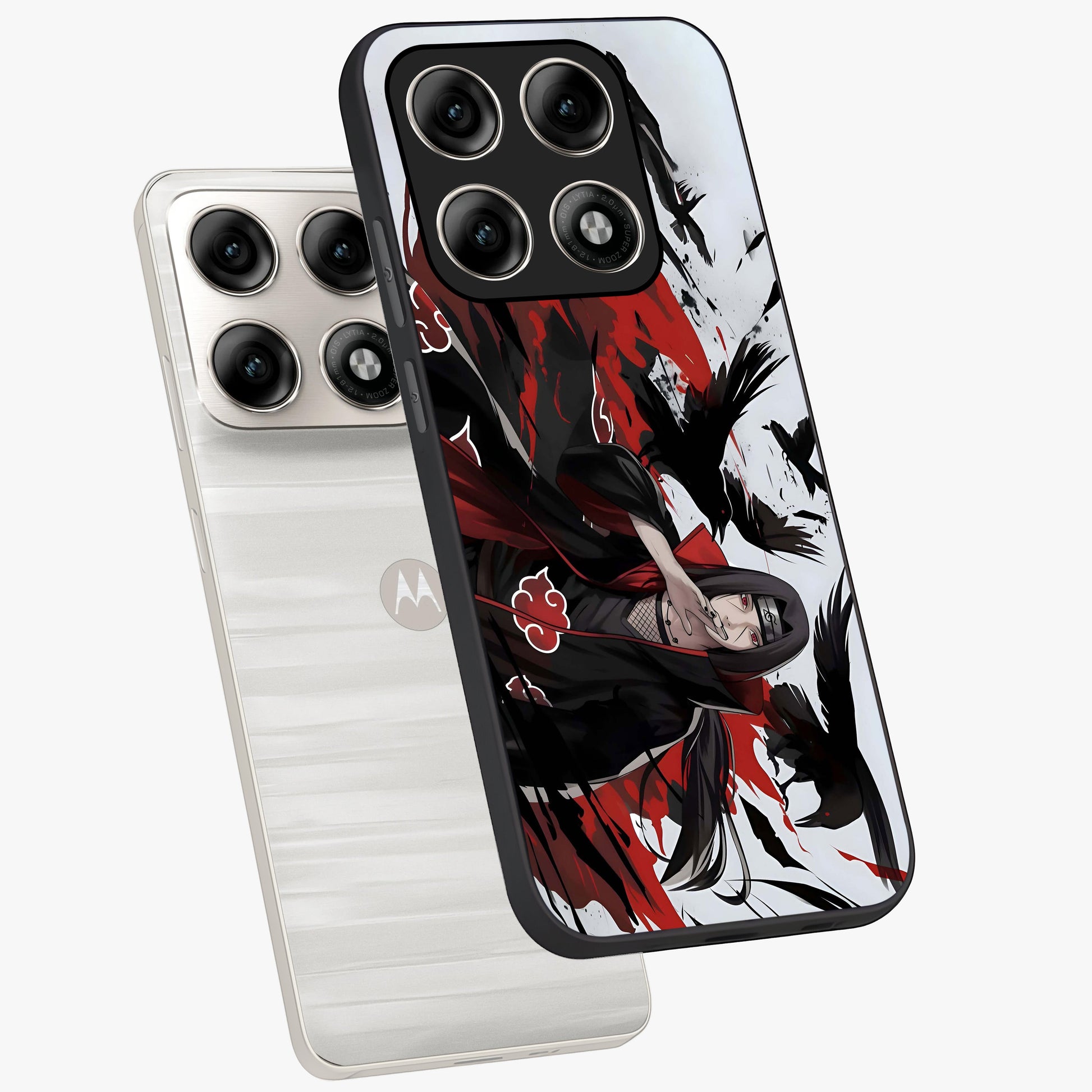 Crimson Crow Illusion Glass Case displayed in angled mockup highlighting mysterious crow graphic with dark aesthetic style.