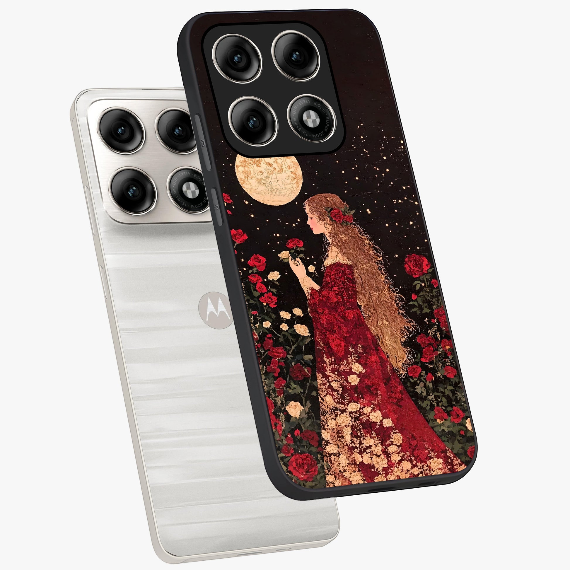 Crimson Dreams Glass Case displayed in angled mockup highlighting soft crimson aesthetic design with artistic theme.