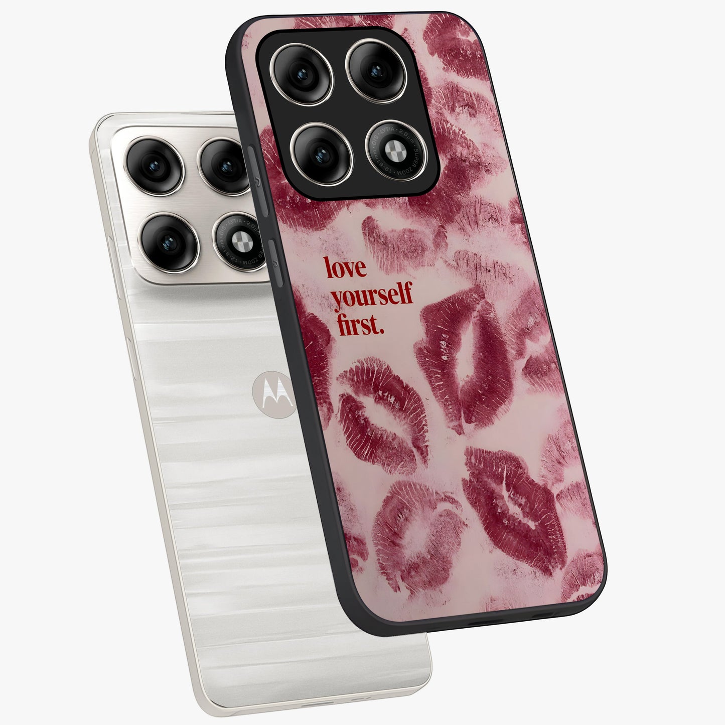 Crimson Kiss Love Glass Case displayed in angled mockup highlighting bold love inspired design with modern aesthetic style.