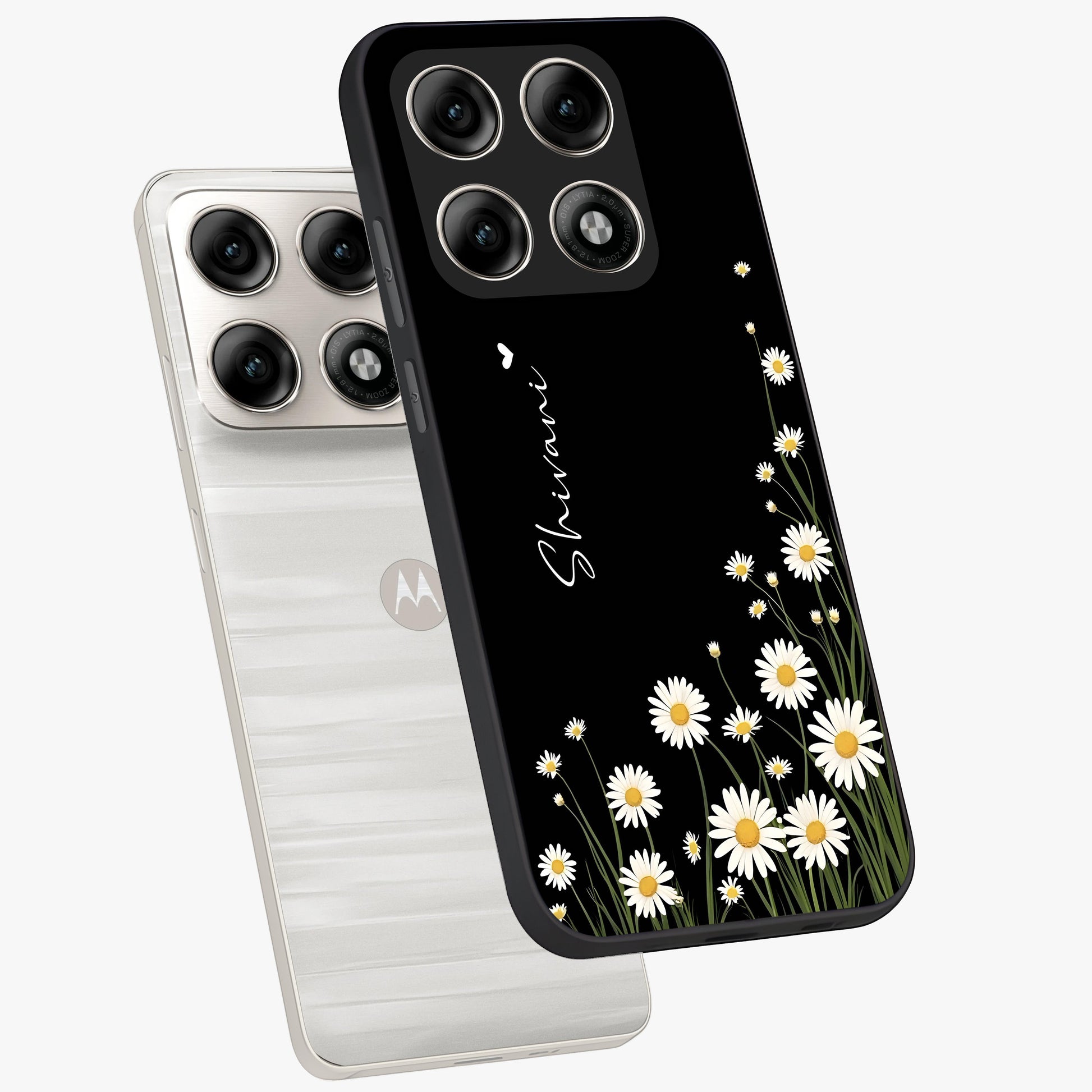 Daisy Cascade Custom Name Glass Case displayed in angled mockup highlighting delicate daisy artwork with custom name feature.