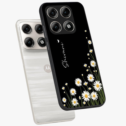 Daisy Cascade Custom Name Glass Case displayed in angled mockup highlighting delicate daisy artwork with custom name feature.