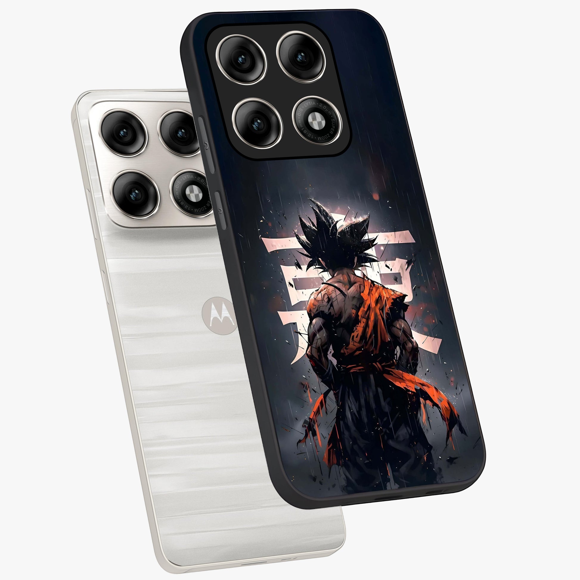 Dark Warrior In Rain Glass Case displayed in angled mockup highlighting dramatic warrior illustration with dark rain aesthetic.