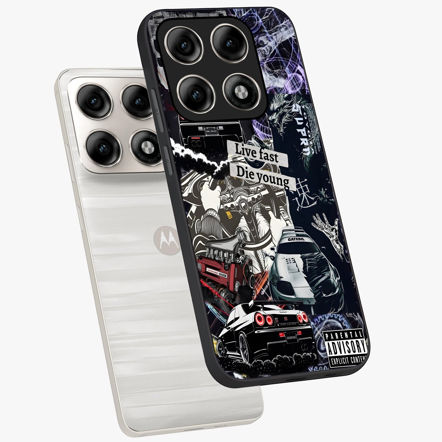 Die Young Glass Case displayed in angled mockup highlighting expressive graphic artwork with edgy aesthetic style.