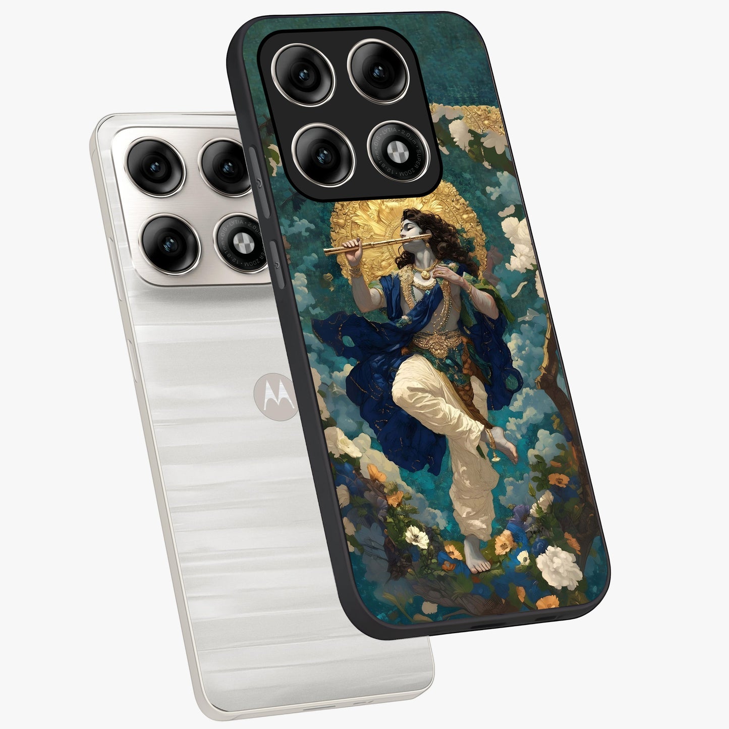 Divine Krishna Art Glass Case displayed in angled mockup highlighting spiritual Krishna illustration with devotional aesthetic.