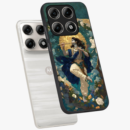 Divine Krishna Art Glass Case displayed in angled mockup highlighting spiritual Krishna illustration with devotional aesthetic.