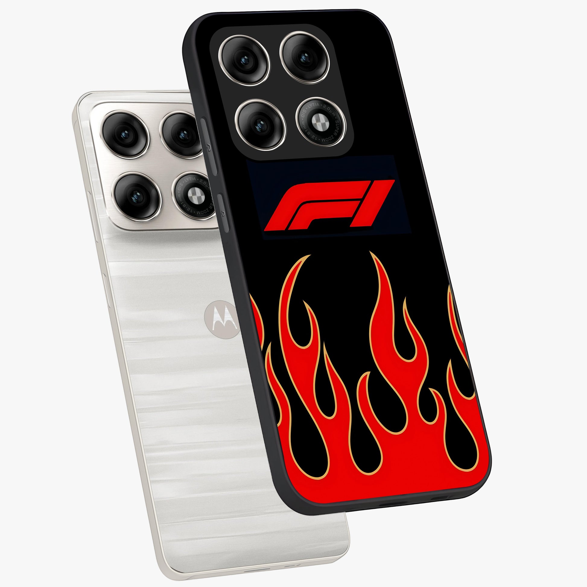 Fire F11 Glass Case displayed in angled mockup highlighting bold fire inspired graphic with energetic aesthetic style.