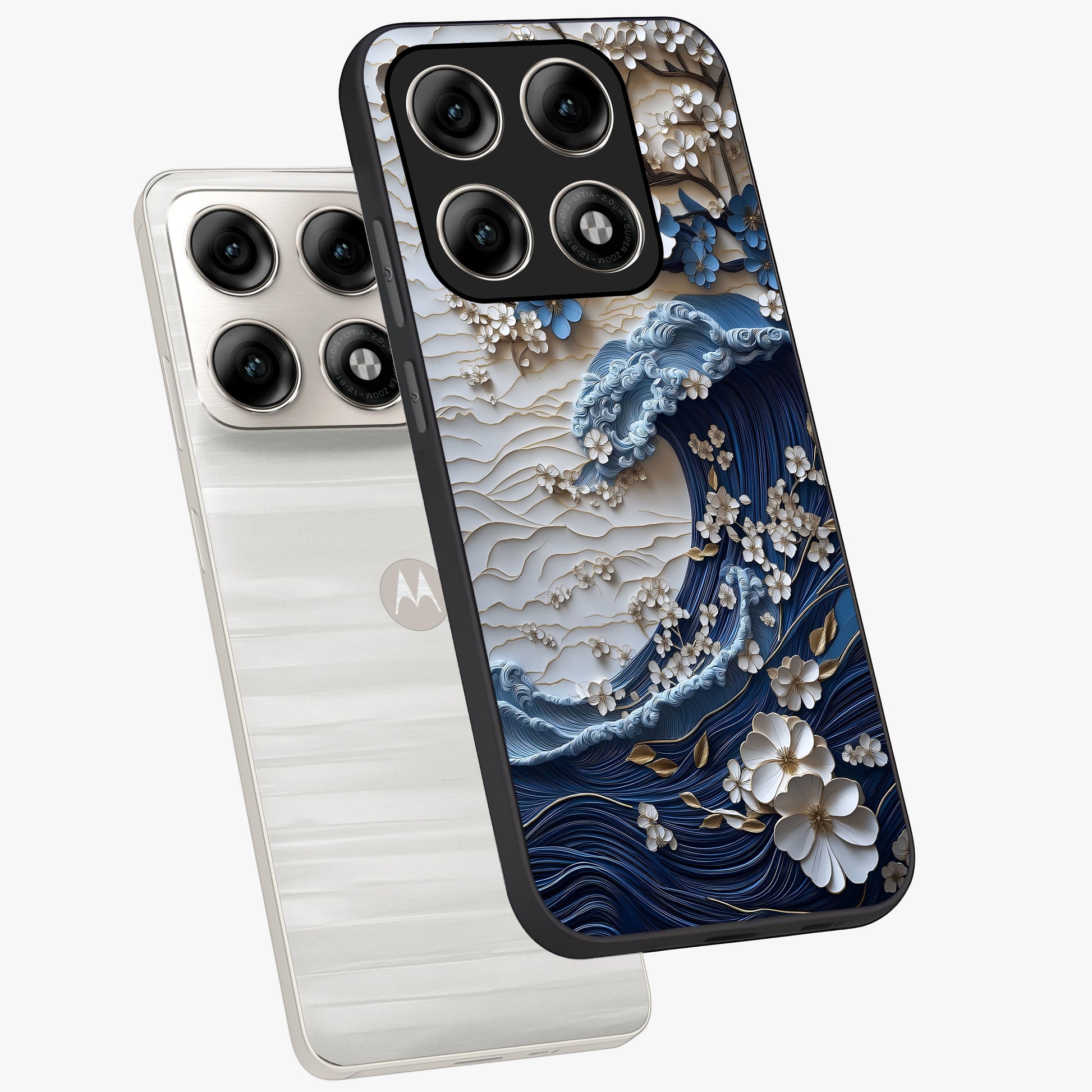 Floral Wave Origami Glass Case displayed in angled mockup highlighting geometric origami flower design with modern aesthetic style.
