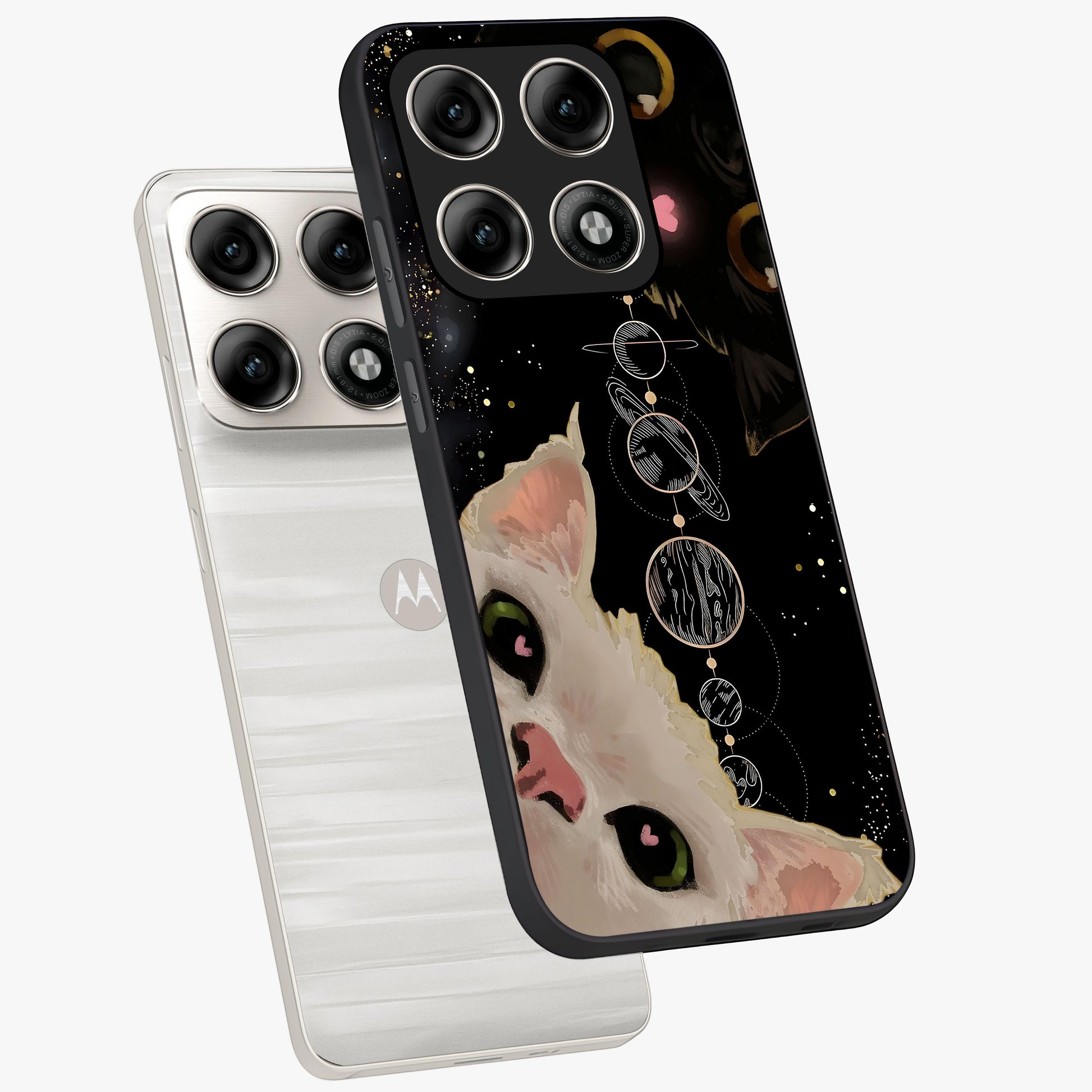 Galactic Cat Glass Case displayed in angled mockup highlighting celestial feline illustration with galaxy aesthetic style.