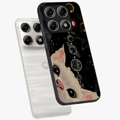 Galactic Cat Glass Case displayed in angled mockup highlighting celestial feline illustration with galaxy aesthetic style.