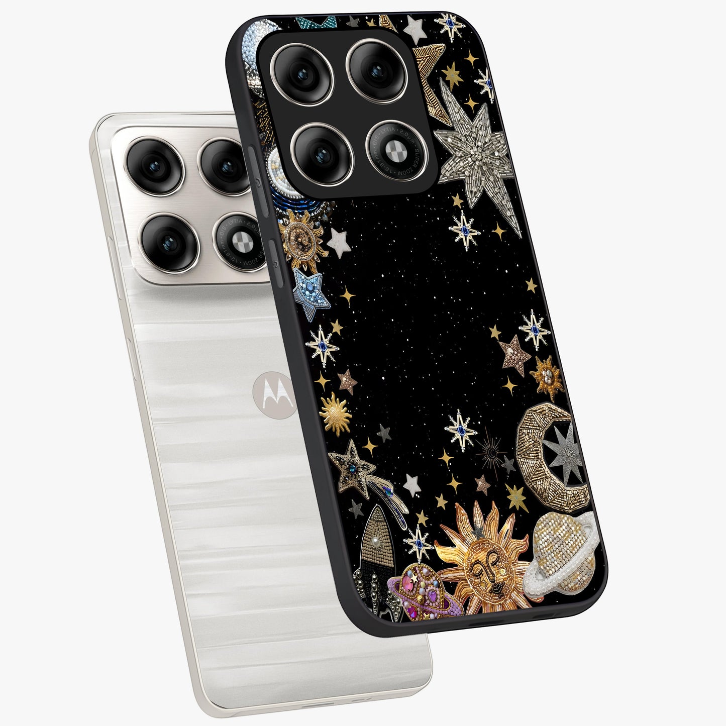 Galactic Jewel Stars Glass Case displayed in angled mockup highlighting shining celestial star design with cosmic aesthetic style.