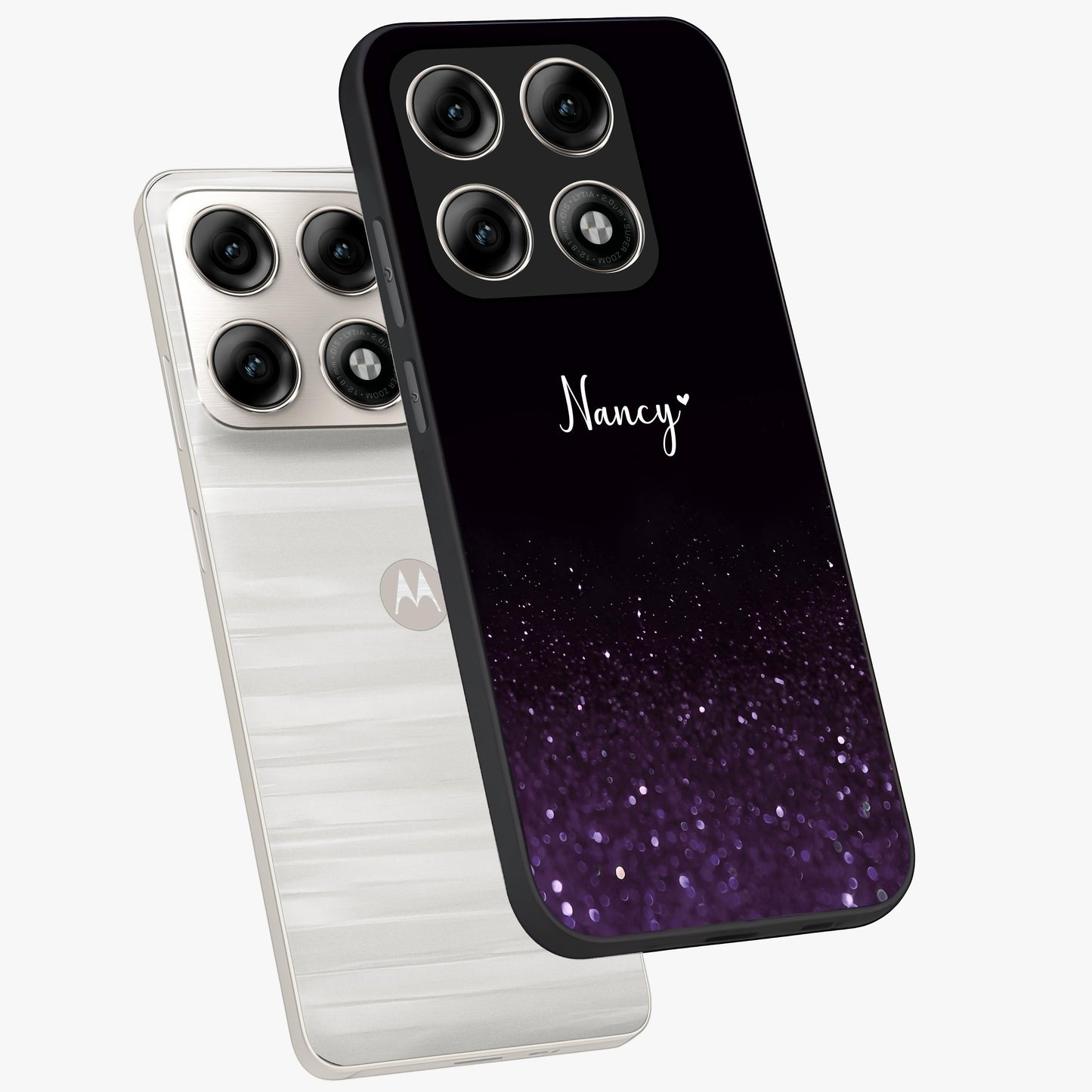 Glittery Purple Bokeh Custom Name Glass Case displayed in angled mockup highlighting glitter bokeh pattern with custom name feature.