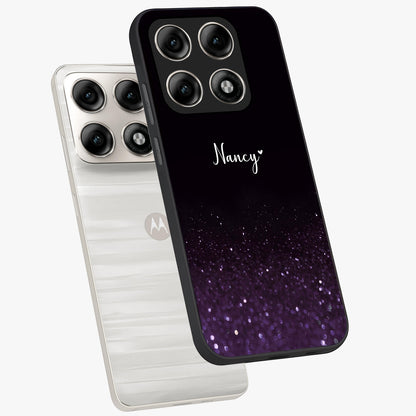Glittery Purple Bokeh Custom Name Glass Case displayed in angled mockup highlighting glitter bokeh pattern with custom name feature.