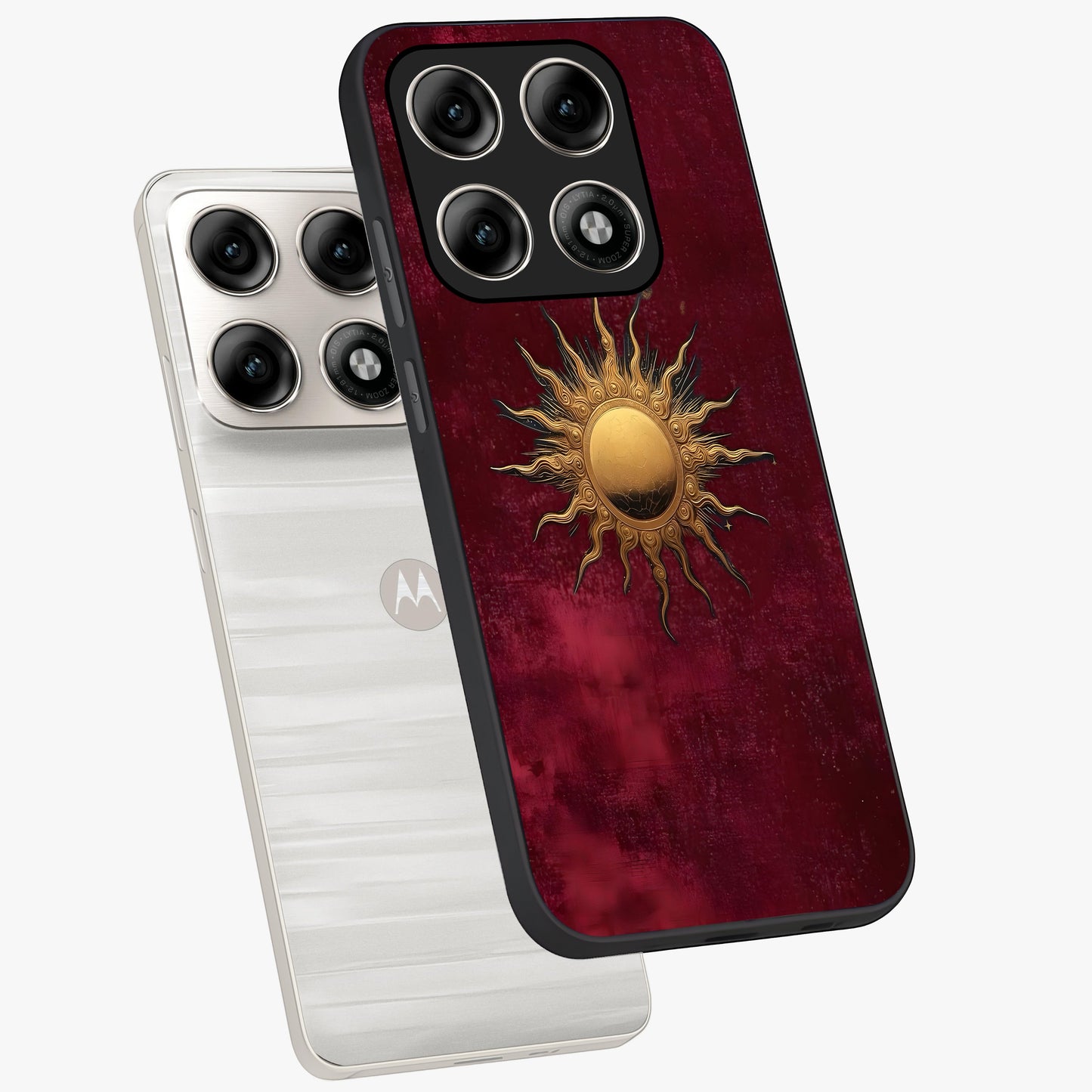 Golden Sun Minimalism Glass Case displayed in angled mockup highlighting clean sun symbol design with modern minimal aesthetic.