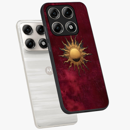 Golden Sun Minimalism Glass Case displayed in angled mockup highlighting clean sun symbol design with modern minimal aesthetic.