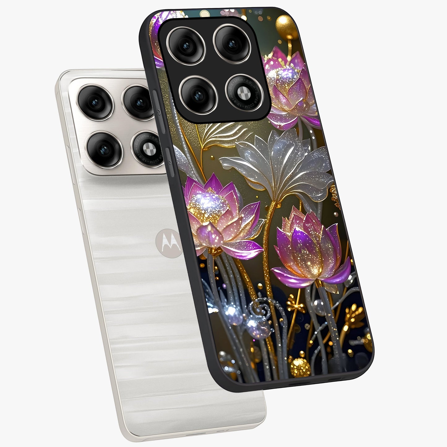 Golden Floral Majesty Glass Case displayed in angled mockup highlighting elegant flower design with royal golden aesthetic.