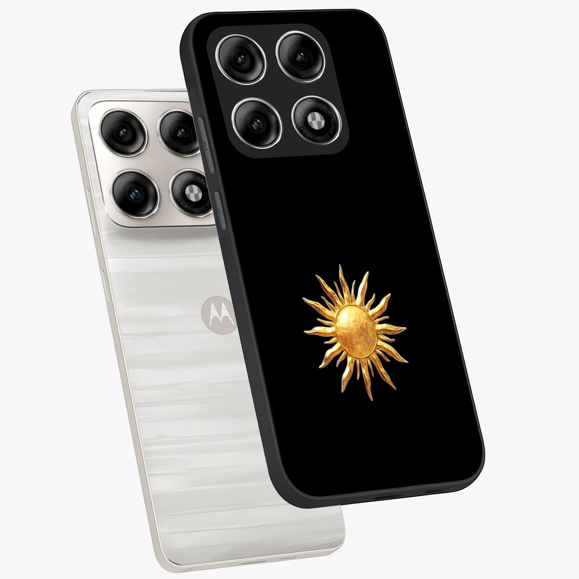 Golden Sun Minimalism Glass Case displayed in angled mockup highlighting eerie shadow illustration with gothic aesthetic.
