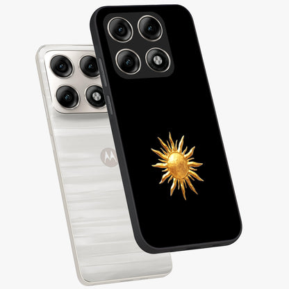 Golden Sun Minimalism Glass Case displayed in angled mockup highlighting eerie shadow illustration with gothic aesthetic.