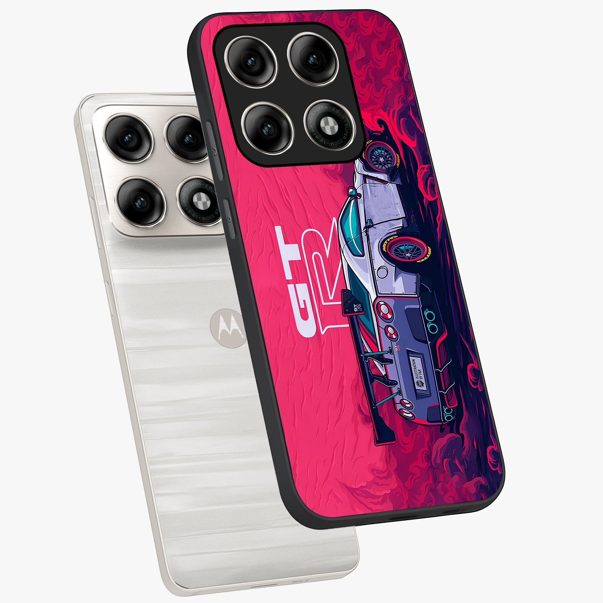 GT-R Car Pattern Glass Case displayed in angled mockup highlighting racing car graphic design with bold automotive aesthetic.